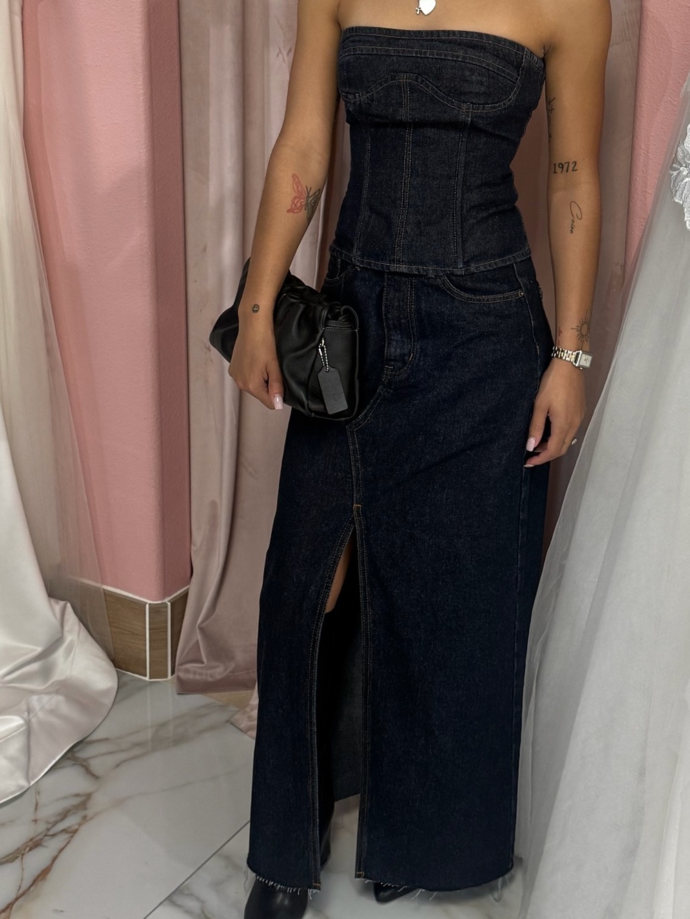 Strapless Dark Denim Maxi 2 piece set - Sleek Evening Style